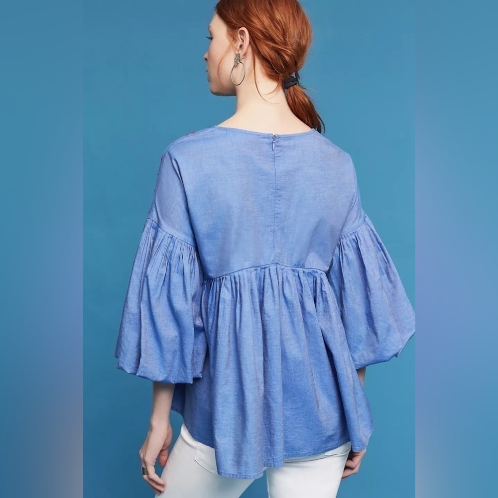 Anthropologie Liana Shirt Blue Red Size Small Balloon Sleeve Boho Embroidered - Picture 4 of 11